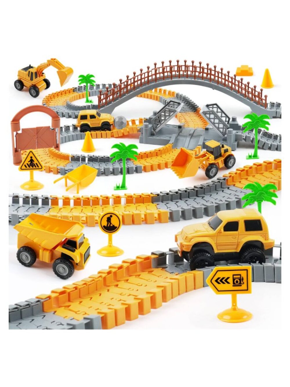 Kids Construction Race Car Track Set 220 PCS Flexible Engineering Toy with 2